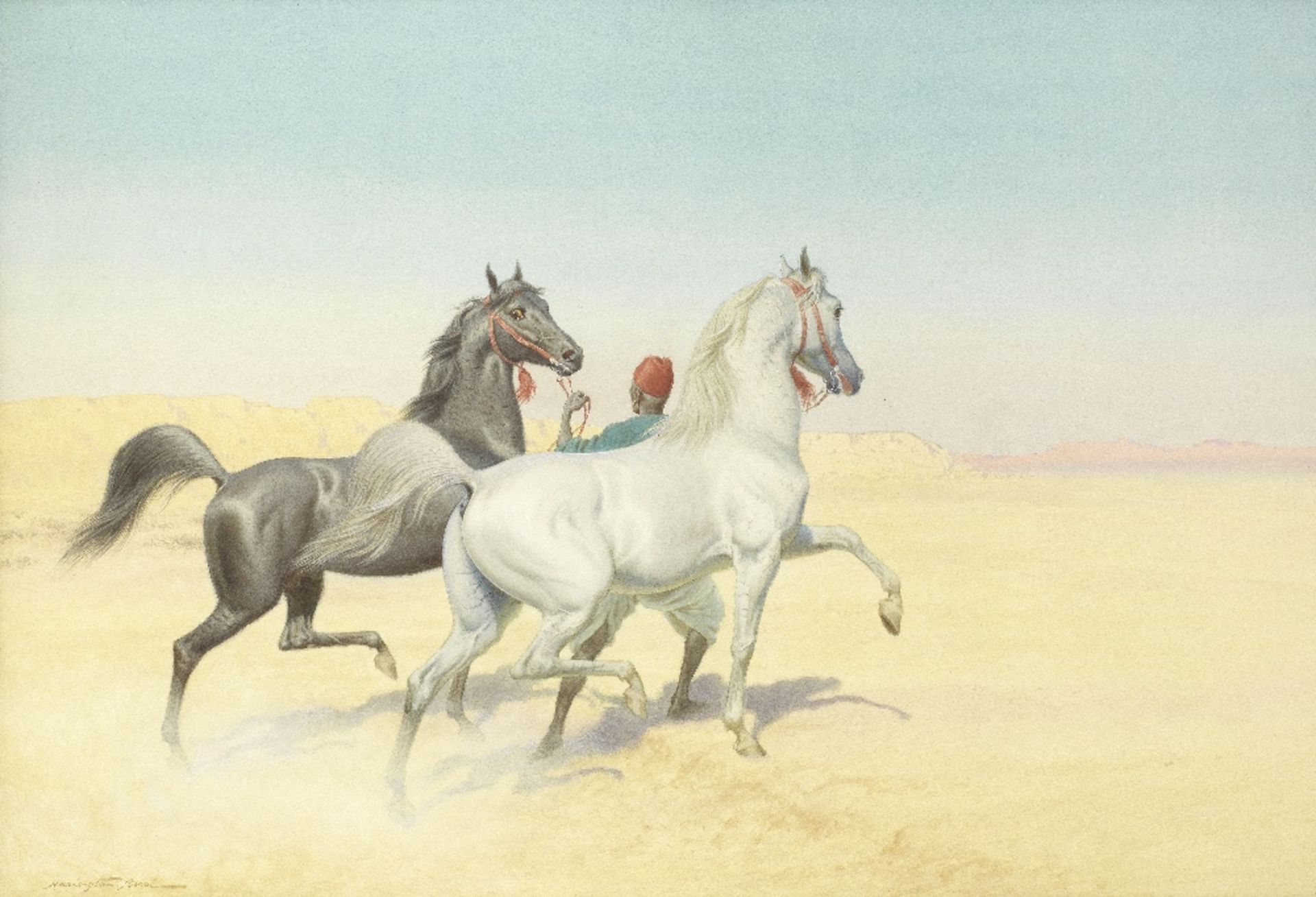 John Alexander Harrington Bird (British, 1846-1936) Arabian horses in the desert; Arab stallions...
