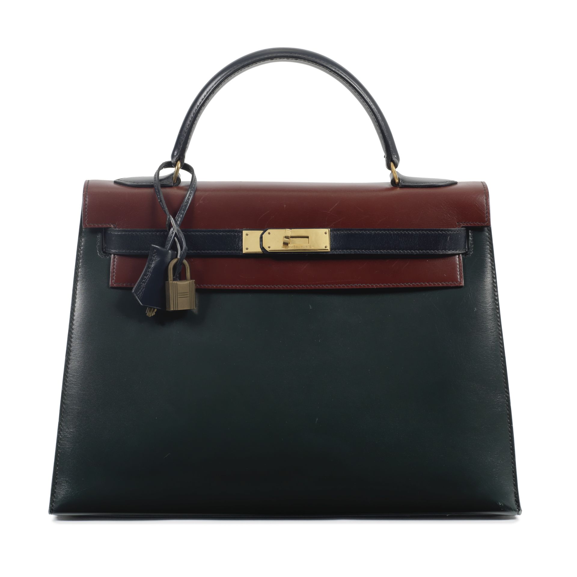 Herm&#232;s: a Tri-Colour Box Leather Sellier Kelly 32 1988 (includes padlock, keys and cloche)
