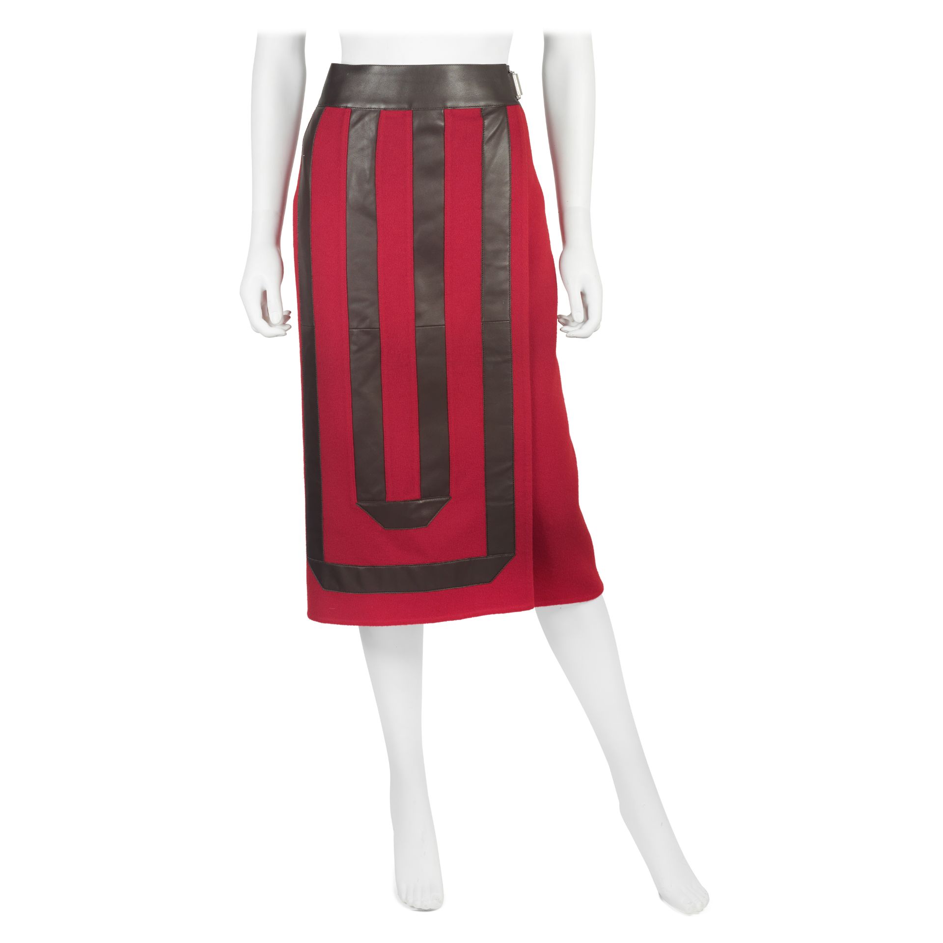Herm&#232;s: a Red Cashmere and Brown Lambskin Skirt
