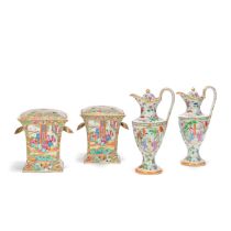 A PAIR OF CANTON FAMILLE ROSE BOUGH POTS AND A PAIR OF LIDDED EWERS 19th century (8)