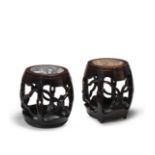 A PAIR OF MARBLE-INSET HONGMU BARREL-FORM STOOLS 19th Century (2)