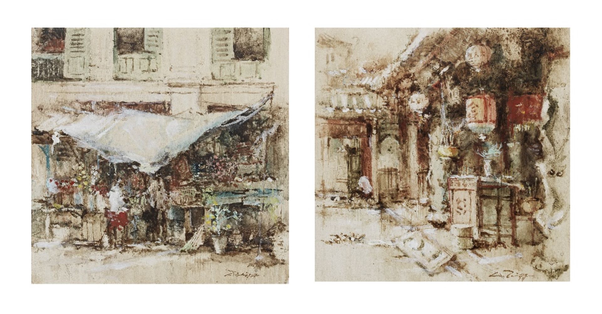 HONG YADI (Ang Ah Tee, Singaporean, B. 1943) Street Scenes Diptych (2)