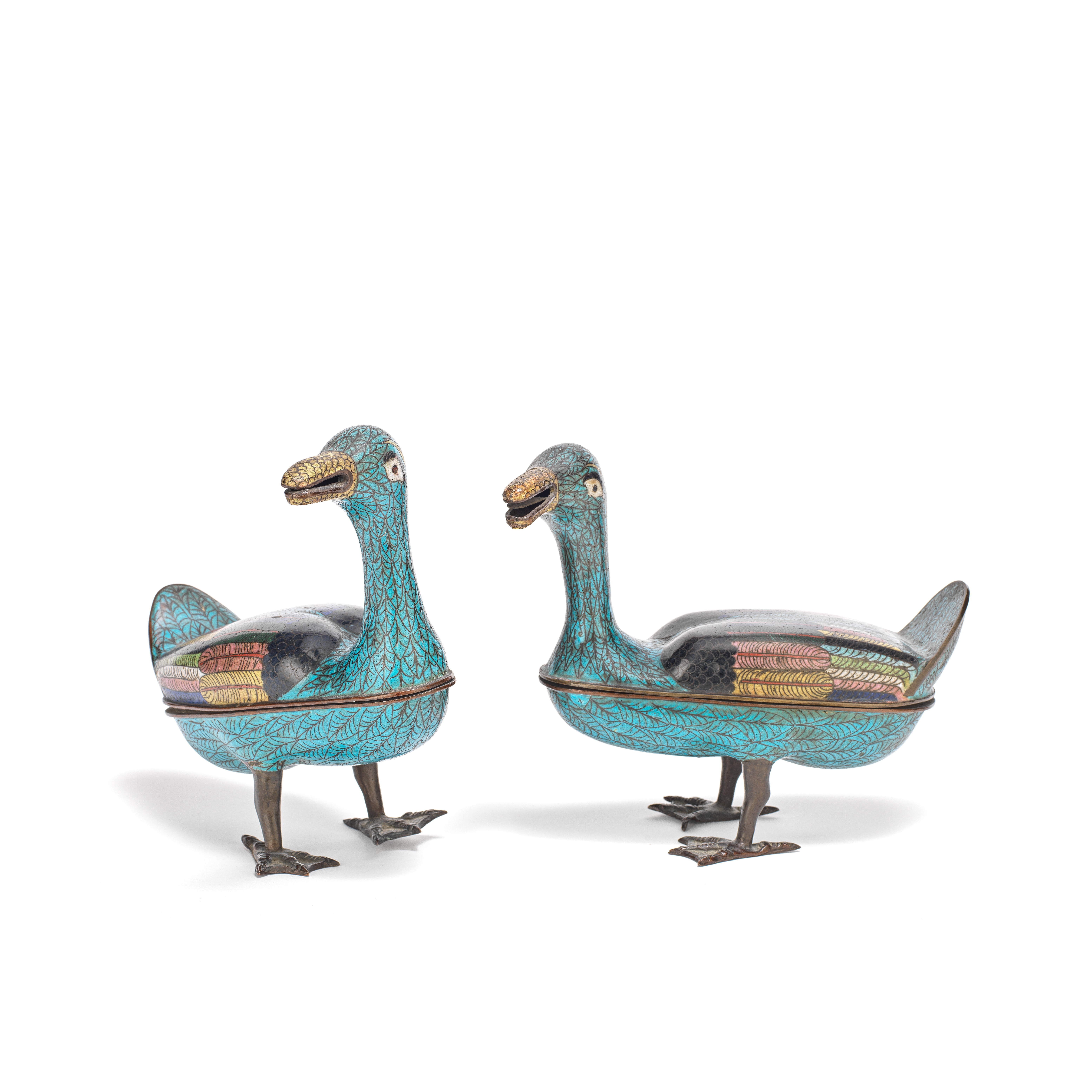 A PAIR OF CLOISONN&#201; ENAMEL 'DUCK' INCENSE BURNERS 19th Century (4)