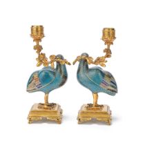 A PAIR OF ORMOLU MOUNTED CLOISONN&#201; ENAMEL 'QUAIL' INCENSE BURNERS AND CANDLE HOLDERS The c...