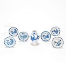 A BLUE AND WHITE 'PHOENIX' VASE AND SIX BLUE AND WHITE SAUCER DISHES Chenghua four-character mar...