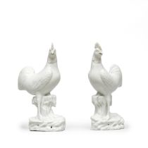 A PAIR OF BLANC-DE-CHINE COCKERELS 18th century (2)