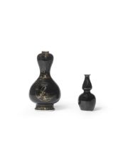 TWO MIRROR-BLACK-GLAZED DOUBLE-GOURD VASES 18th century (2)