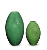 TWO GREEN-GLAZED SLENDER OLIVE-STONE-SHAPED VASES 18th/19th century (2)