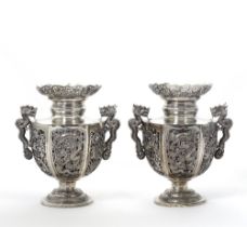 A PAIR OF EXPORT SILVER 'DRAGON'-HANDLED VASES Marks of Cheng Chang, HI and 90, circa 1900 (2)