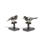 A RARE PAIR OF CLOISONN&#201; ENAMEL BLACK-GROUND MAGPIES ON STANDS 17th/18th century (2)