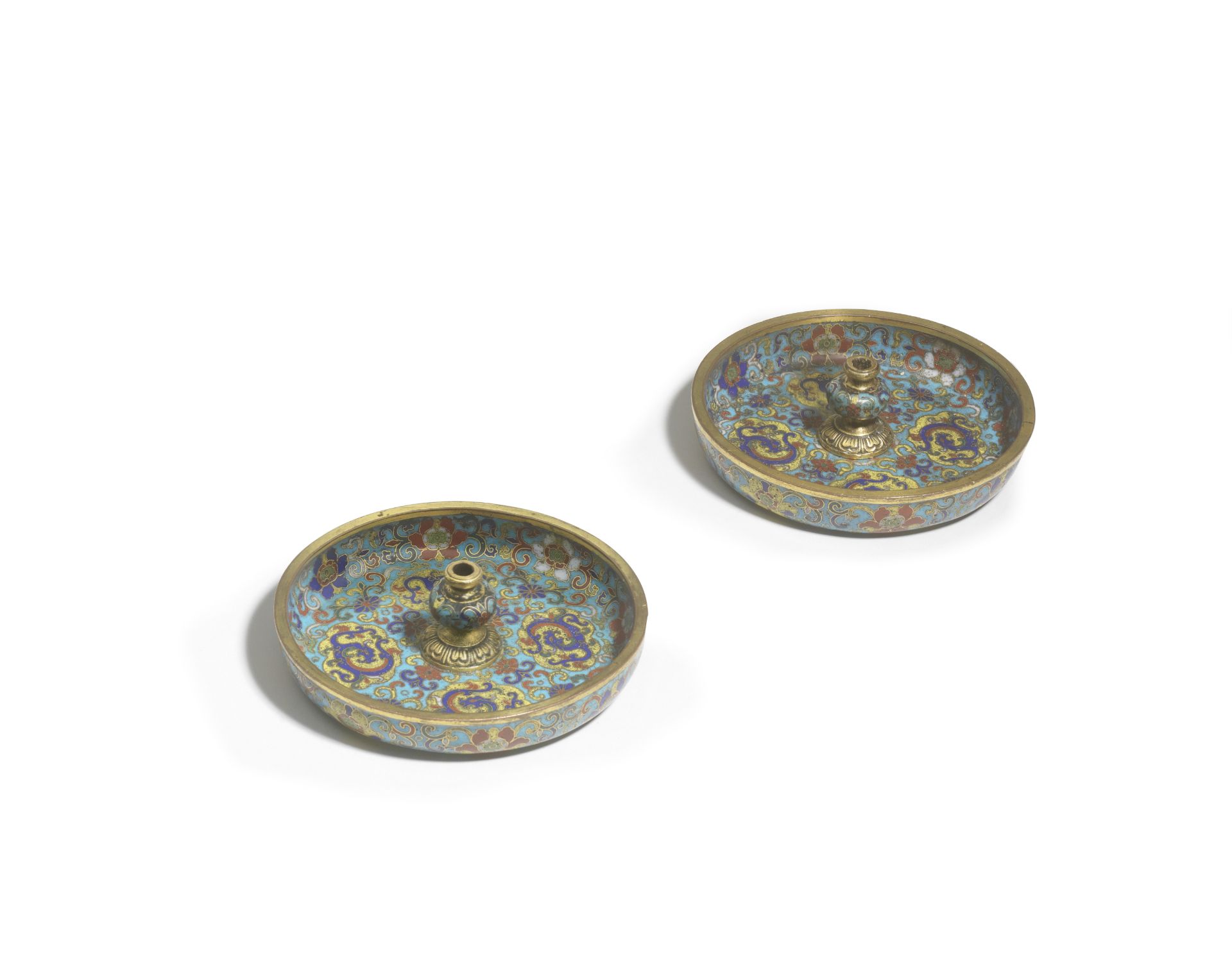 A RARE IMPERIAL PAIR OF CLOISONN&#201;-ENAMEL AND GILT-BRONZE INCENSE-STICK HOLDERS Qianlong inc...