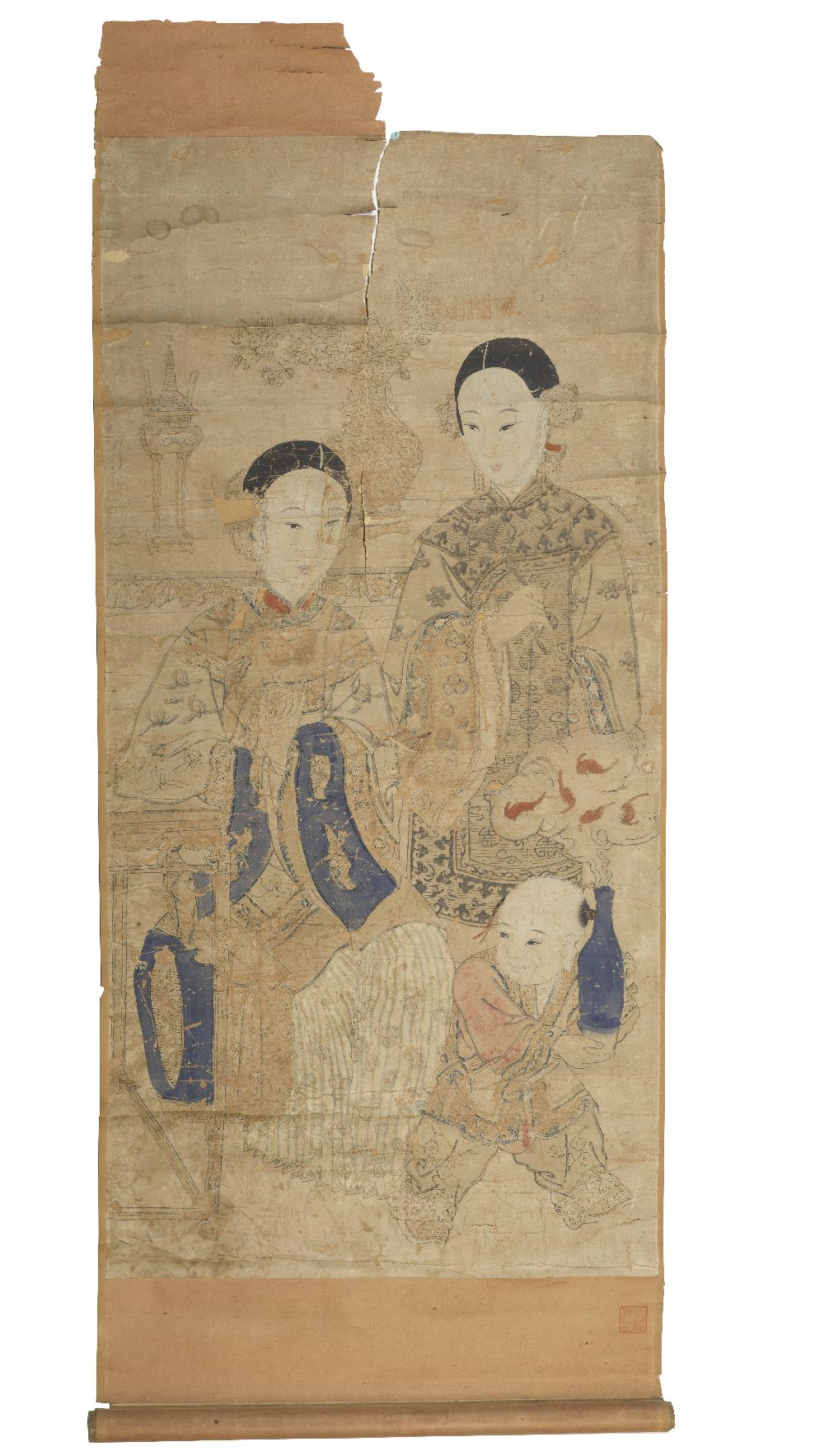 A RARE WOODBLOCK PRINT OF LADIES AND BOY Circa 1750-1800