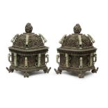 A PAIR OF LARGE JADE-INLAID SILVER-ALLOY INCENSE BURNERS AND COVERS Late Qing Dynasty, the jade ...