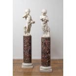 Paire de figures en marbre de carrare repr&#233;sentant 'Fillette au nid vide et Gar&#231;onnet ...