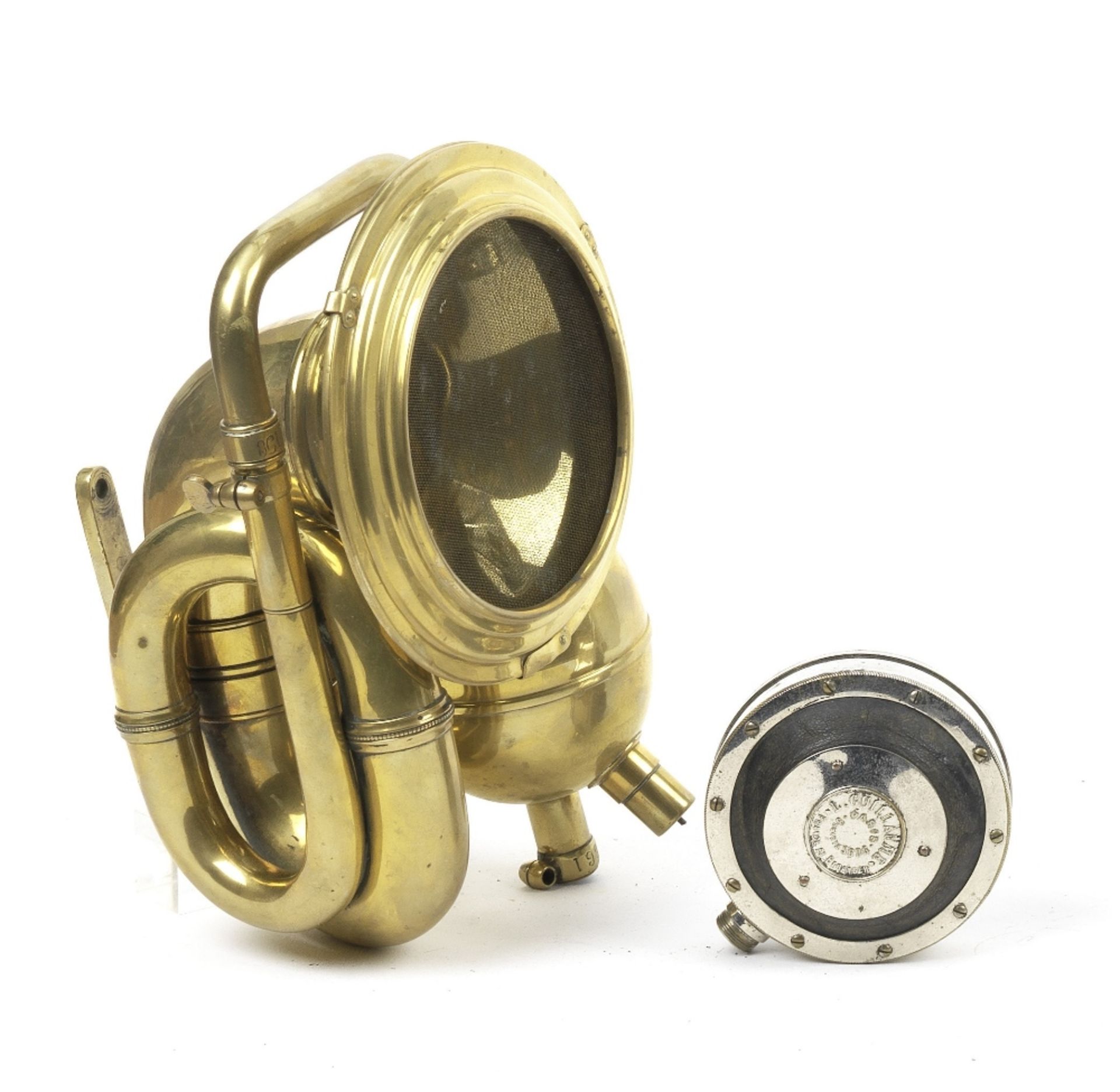 A L'Autovox brass double-twist bulb horn, French, patented 1908, ((2))