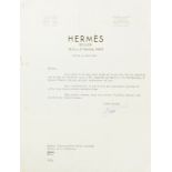 HERMES Sellier pour l'Ambassadrice Eirik Labonne. Lettre originale 24 Fg St Honor&#233;, Paris, ...