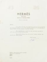 HERMES Sellier pour l'Ambassadrice Eirik Labonne. Lettre originale 24 Fg St Honor&#233;, Paris, ...