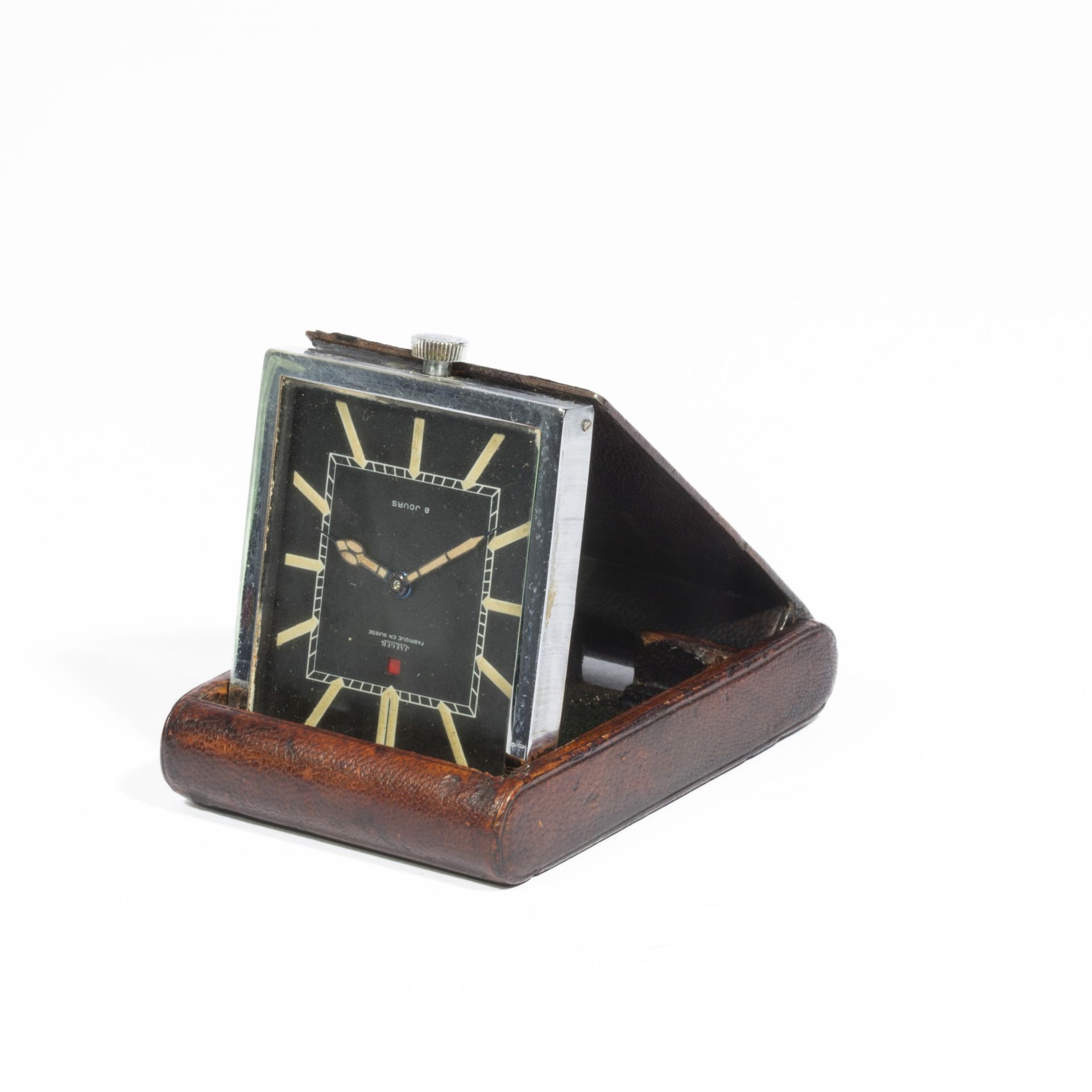 HERMES Paris pour JAEGER LECOULTRE, circa 1950. Pendulette de voyage 'Ados 8 jours'