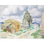 Jan Waclaw Zawadowski (Polish, 1891-1982) Landscape with a Church and Figures unframed.