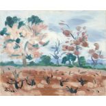 Jan Waclaw Zawadowski (Polish, 1891-1982) A Pink and Blue Landscape with Trees unframed.