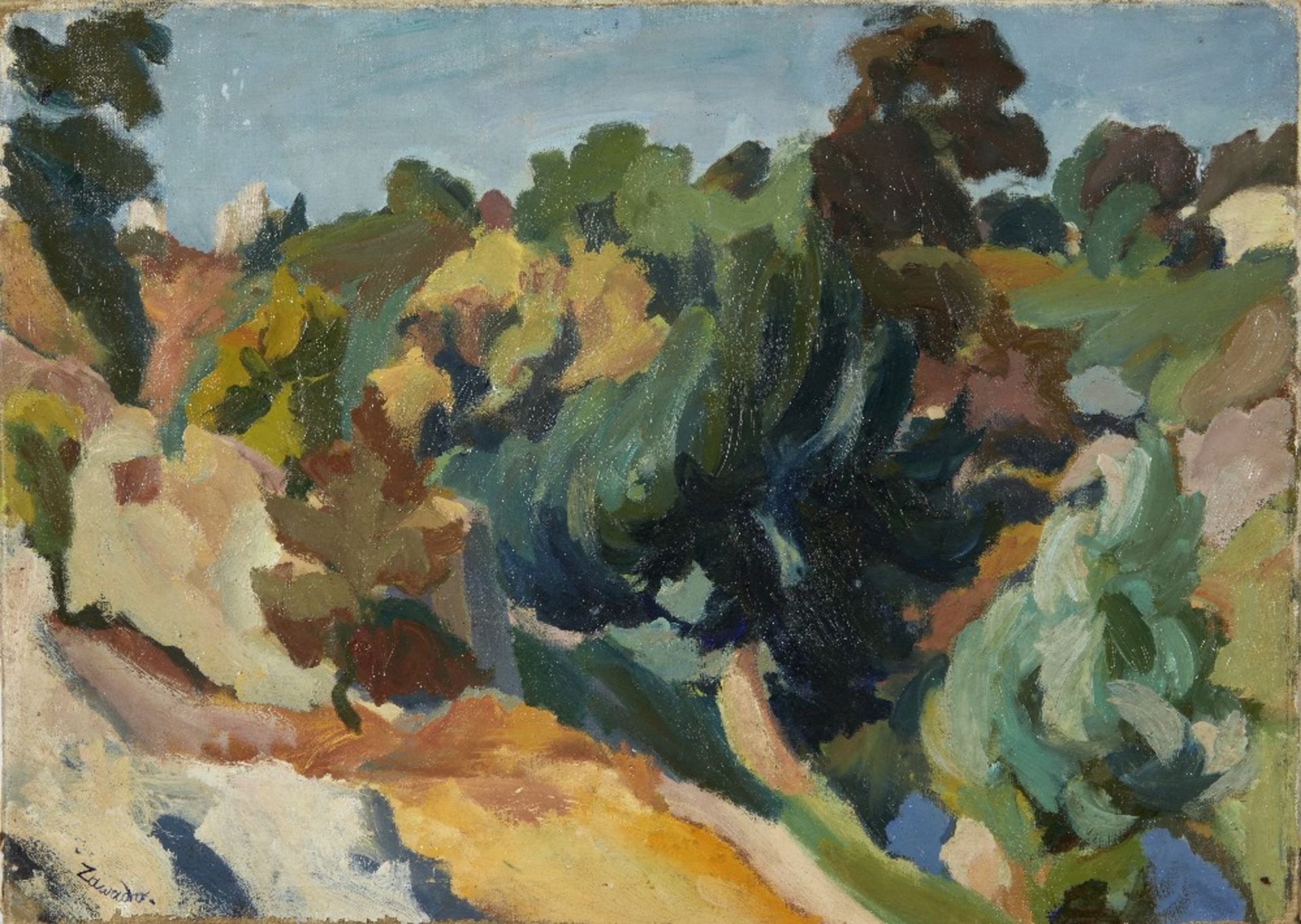 Jan Waclaw Zawadowski (Polish, 1891-1982) Landscape with a Cliff and Trees unframed.