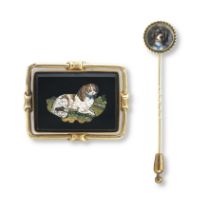 A 19th century King Charles Spaniel micromosaic brooch and a stickpin