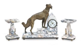 An early 20th century marble and gilt metal mounted clock garniture