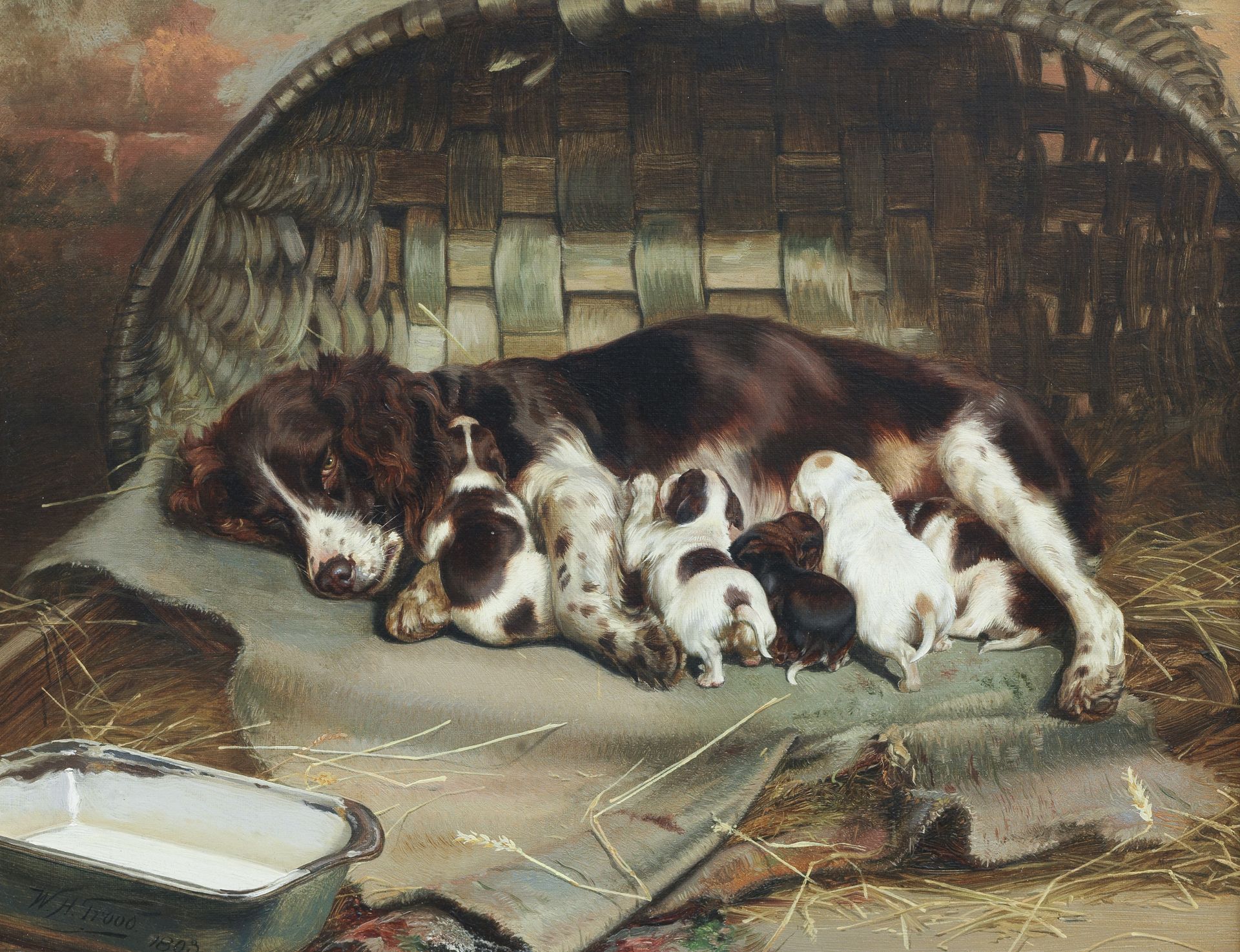 William Henry Hamilton Trood (British, 1860-1899) Motherhood - A Springer Spaniel and Her Litter