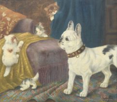 Sophie Pir (French, 1858-1936) The Guardian - A French Bulldog and Kittens