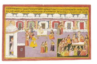 An illustration from a Ramayana series: Ram and Lakshmana plead with King Dasharatha Mewar, 170...