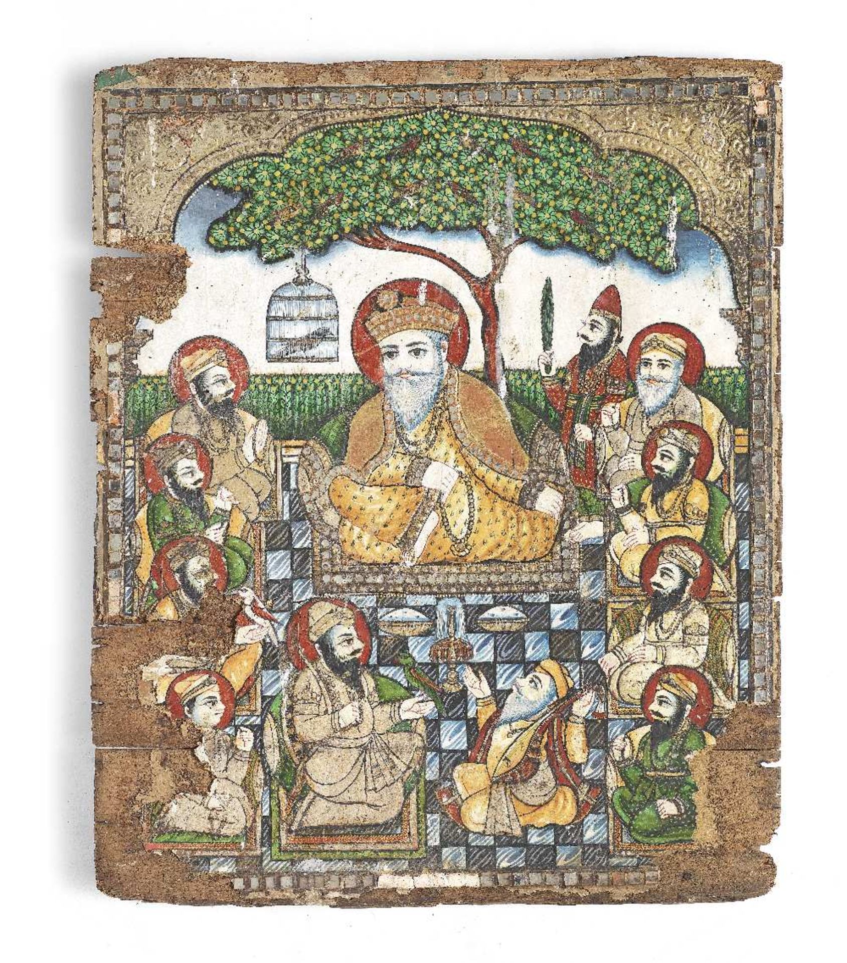An unusual South Indian painting depicting the Sikh Gurus, seated under a tree, together with Ba...