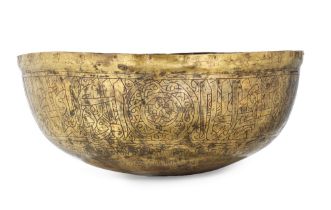 A large Mamluk engraved brass basin Egypt, with date AH 920/ AD 1514-15