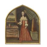 A rare Safavid oil painting depicting a lady in European dress standing in an interior Persia