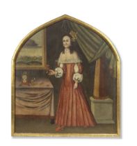 A rare Safavid oil painting depicting a lady in European dress standing in an interior Persia