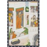 A palace scene, perhaps from the Ramayana, with a maiden at the doorway of a pavilion, surrounde...