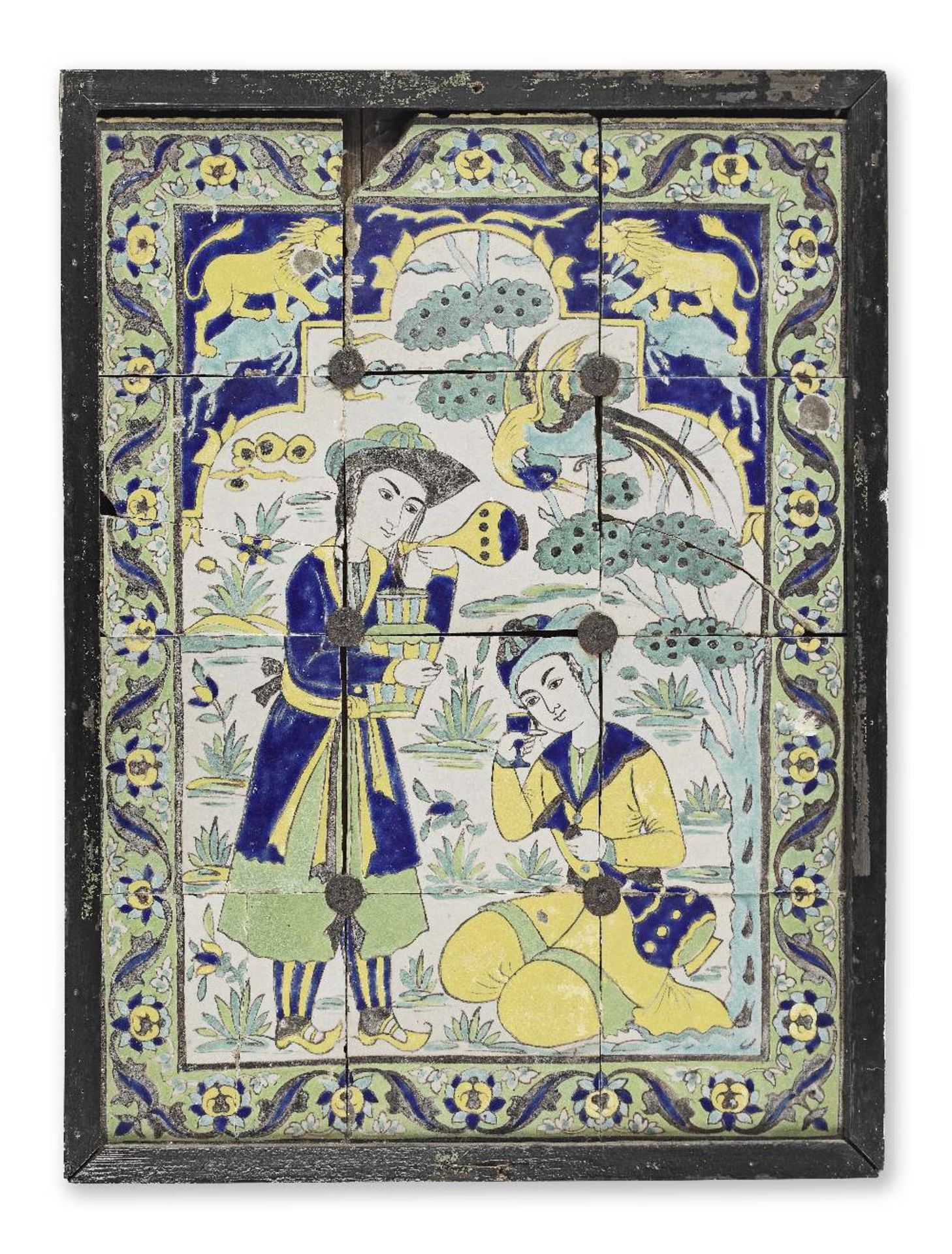 A Qajar cuerda seca pottery tile panel depicting two youths Persia, 19th Century