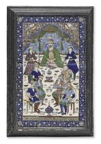 A Qajar underglaze-painted pottery tile panel depicting a seated ruler with courtiers Persia, 19...