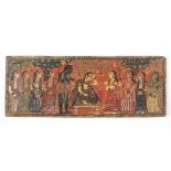 A painted wood book cover with a scene perhaps from the Gita Govinda, depicting Krishna and Radh...