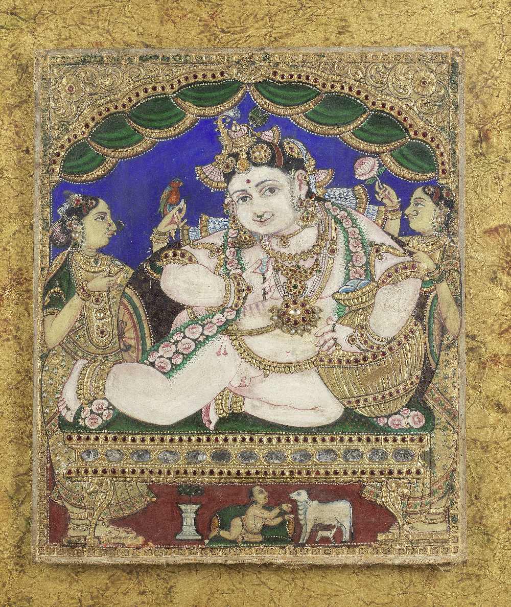 An unusual gem-set painting depicting Krishna enthroned with attendants South India, Tanjore, la...