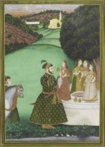 A prince out hunting is offered water by maidens at a well Provincial Mughal, second half of the...