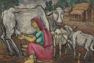 Sheikh Mohammed Sultan (1923-1994) Untitled (Farmerette milking a cow with calves)