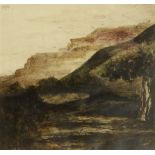Rabindranath Tagore (1861-1941) Untitled (Dark landscape with cliffs and tree)