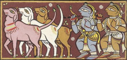 Jamini Roy (1887-1972) Untitled (Krishna, Balarama and three cows)