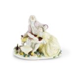 Groupe en porcelaine polychrome de Meissen repr&#233;sentant un homme souffrant de la goutte, po...