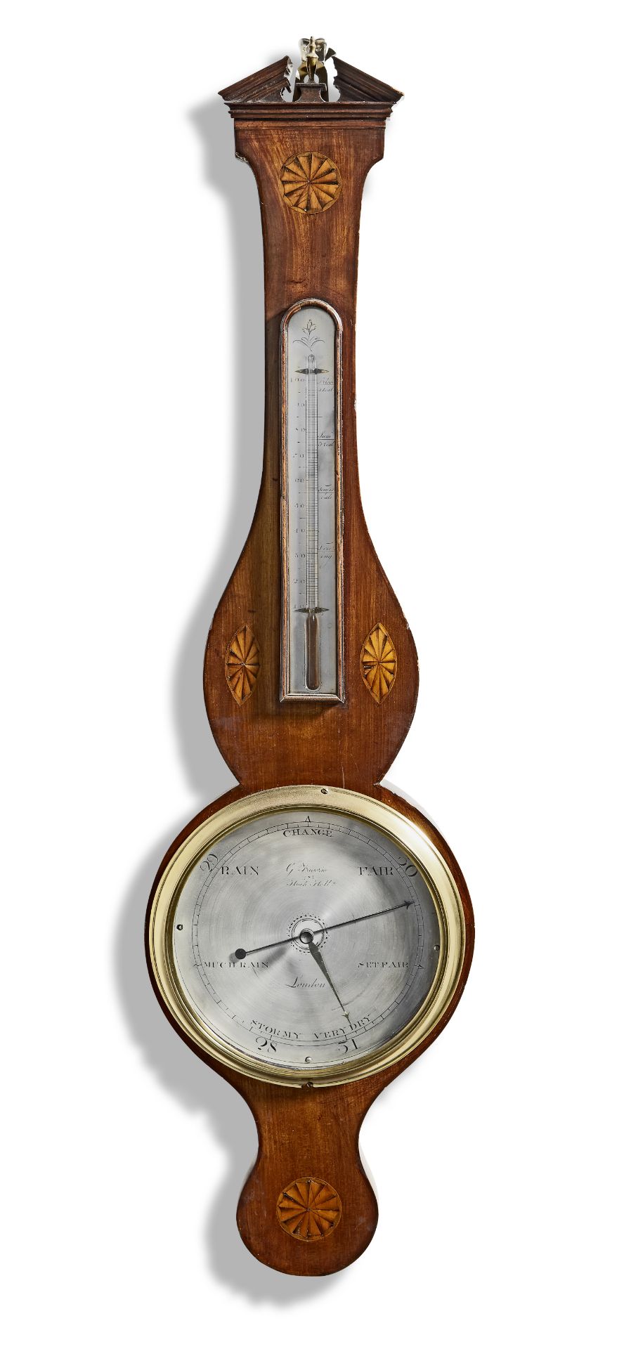 A good early 19th century inlaid mahogany wheel barometer G. Figerio, 281 High St, Holborn