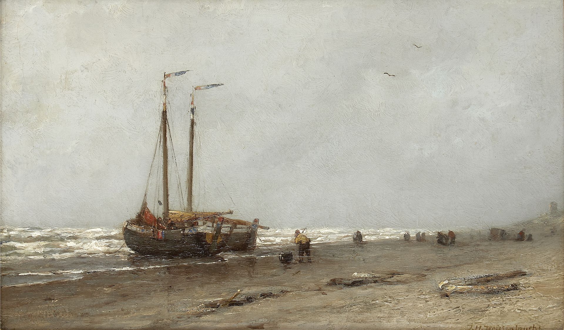 Attributed to Jan Hendrik Weissenbruch (Dutch, 1824-1903) Strandgezicht Vissers op het Strand bi...