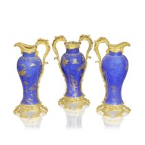 An important garniture of three Louis XV ormolu mounted Chinese powder-blue and gilt porcelain v...