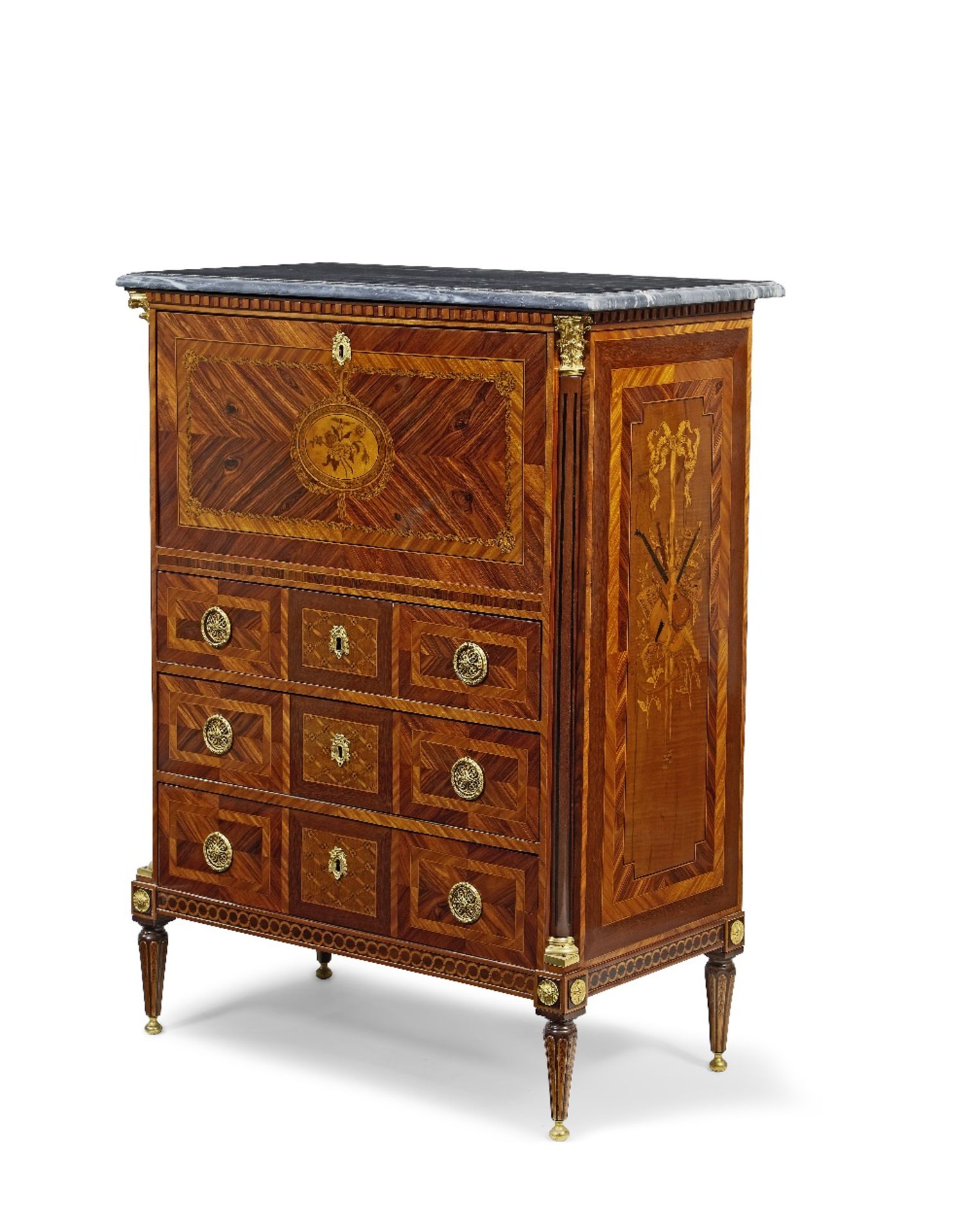 A fine Dutch ormolu mounted kingwood, satinwood, purplewood, tulipwood, fruitwood and marquetry ...