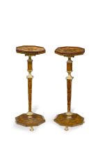 A pair of Louis XIV rosewood, walnut, fruitwood marquetry and parcel-gilt urn or candle standsLa...