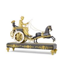 A good early 19th century gilt and patinated bronze figural mantel clock Vuidepot a Paris